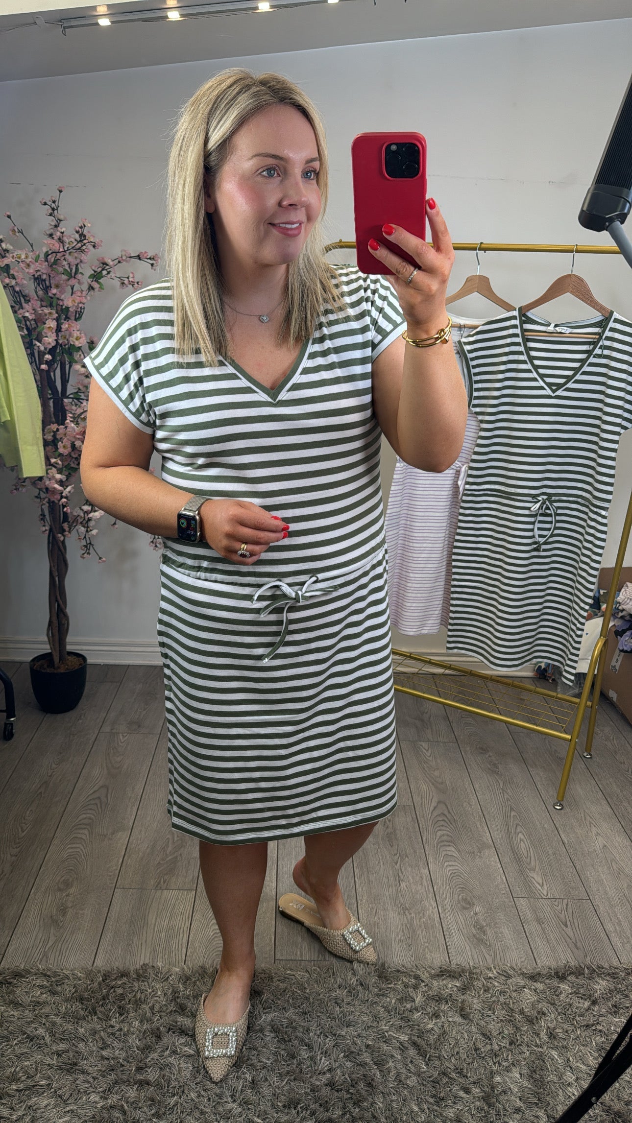 Clara™ Olive Mix Stripe Jersey Entspanntes Kleid